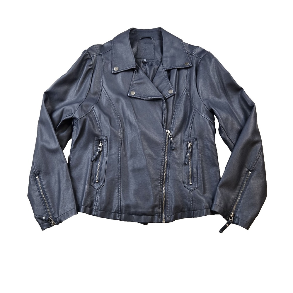 Max Studio Women's Faux‎ Leather Jacket Moto Streetwear City Navy Blue Size XL